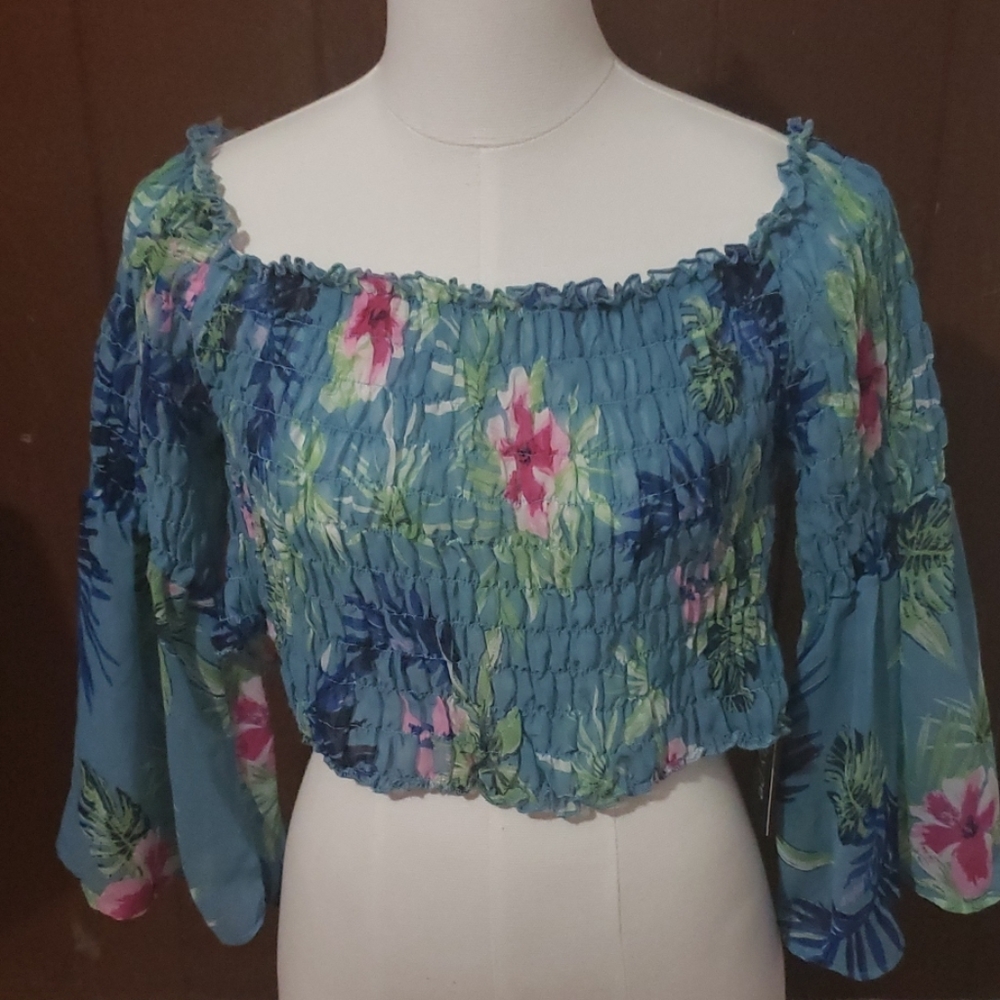 Blue Floral shirred crop top